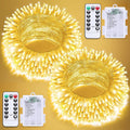 JMEXSUSS Paquete de 2 guirnaldas de luces para exteriores, funcionan con pilas, 200 LED en total, 20 metros, con control remoto, luces navideñas blancas cálidas para dormitorio, aula, residencia estudiantil, interior, patio, casa, árbol, porche, fiesta