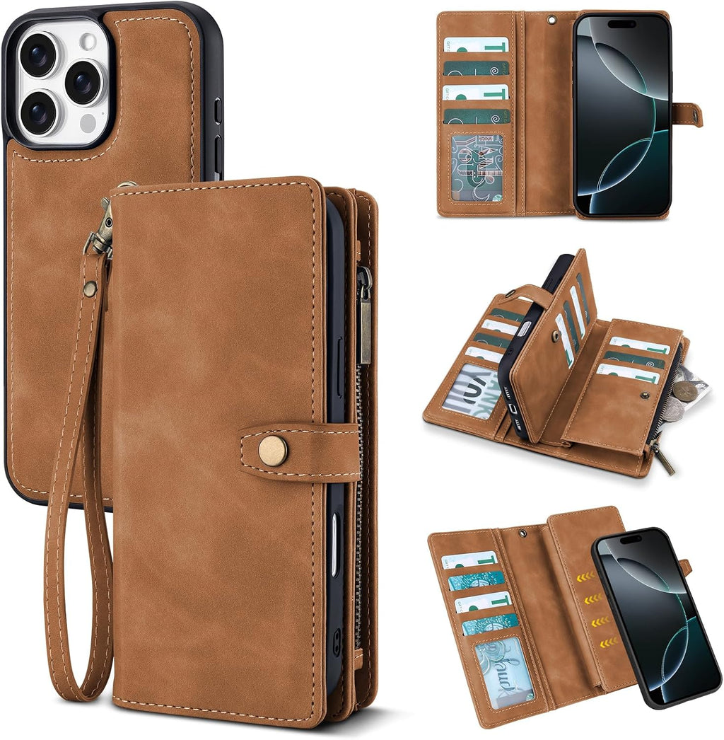Funda Cartera TwoHead Compatible con iPhone 16 Pro, Funda Teléfono Magnética Desmontable, Funda Protectora de Cuero PU Todo-Alrededor Cartera con Portamonedas/Bolsillo Cambio, 16cm, Marrón