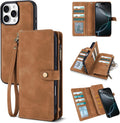Funda Cartera TwoHead Compatible con iPhone 16 Pro, Funda Teléfono Magnética Desmontable, Funda Protectora de Cuero PU Todo-Alrededor Cartera con Portamonedas/Bolsillo Cambio, 16cm, Marrón