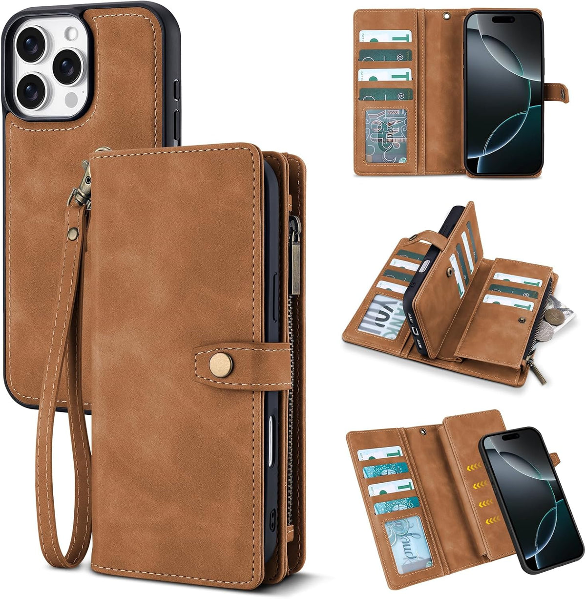 Funda Cartera TwoHead Compatible con iPhone 16 Pro, Funda Teléfono Magnética Desmontable, Funda Protectora de Cuero PU Todo-Alrededor Cartera con Portamonedas/Bolsillo Cambio, 16cm, Marrón