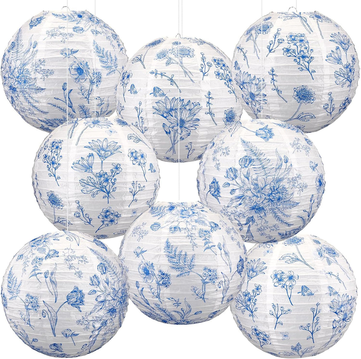Baquler 8 piezas de farolillos de papel estilo chinoiserie para fiestas, decoración floral azul y blanca, farolillos colgantes de 30 cm, 2 estilos para primavera, verano, té, baby shower, despedida de soltera, boda, jardín, cumpleaños, decoración