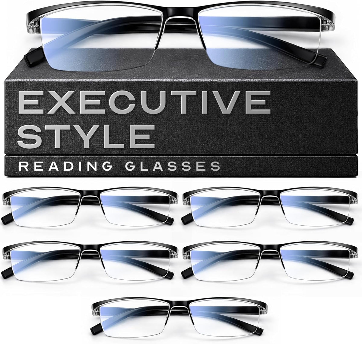 Gaoye, paquete de 6 gafas de lectura estilo ejecutivo 4.0 para hombre: gafas de lectura duraderas con filtro de luz azul y ajuste cómodo con montura TR90.