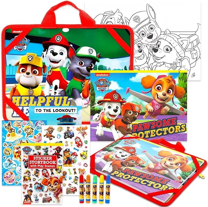 Paw Patrol Juego de actividades de viaje para niños, paquete con escritorio de regazo artístico, funda, utensilios para colorear, calcomanías y más | Actividades artísticas de Paw Patrol para niños