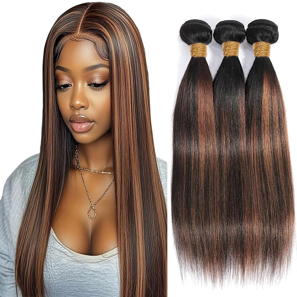 Mechones de Cabello Humano P1B/30 Highlight Café | Ombré Liso 18 20 22 Pulgadas | Cabello Virgen Brasileño 50G/PC | Extensiones para Mujeres Negras