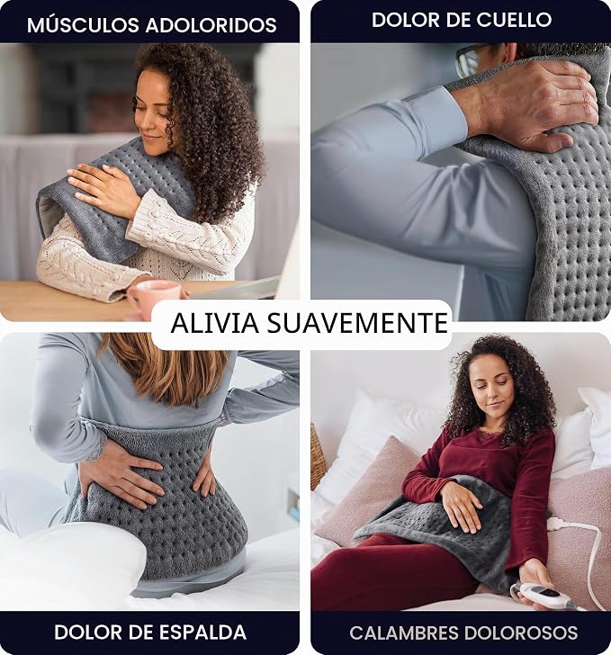 Geniani - Almohadilla térmica eléctrica para alivio del dolor de espalda y calambres, apagado automático, almohadilla térmica suave para terapia húmeda y seca (extragrande 12 x 24 pulgadas, gris