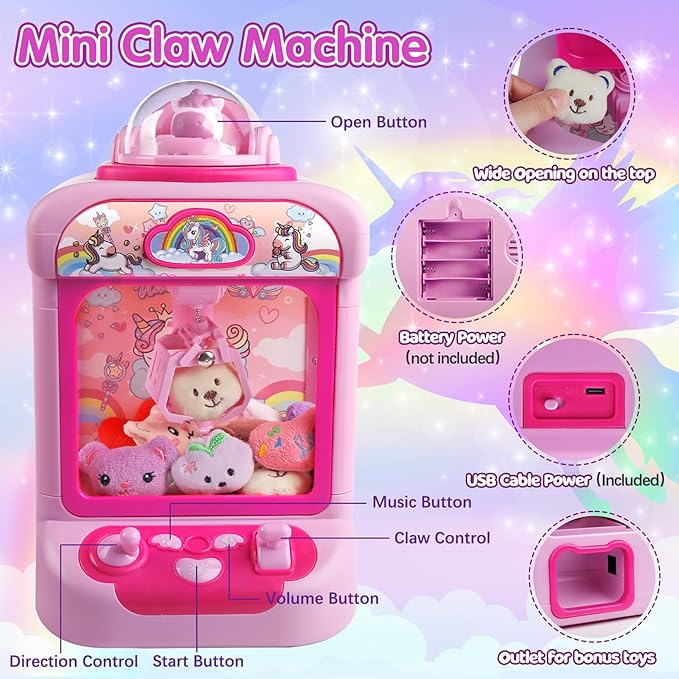 TingingYuli - Máquina de garras para niños, mini máquinas expendedoras de unicornio con agarrador de dulces y dispensador de premios para niñas, juego electrónico de arcade con 20 juguetes de peluche