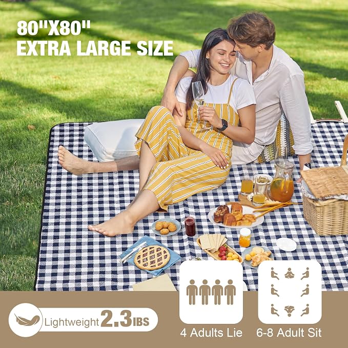 G GOOD GAIN Mantas de picnic al aire libre extra grandes – Manta de picnic portátil impermeable de 80 x 80 pulgadas, lavable a máquina, alfombra de parque plegable de 3 capas con respaldo