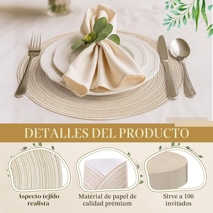 Manteles Individuales Desechables Geosar – 100 Unidades, 33 cm, Aspecto Tejido de Algodón, Color Beige