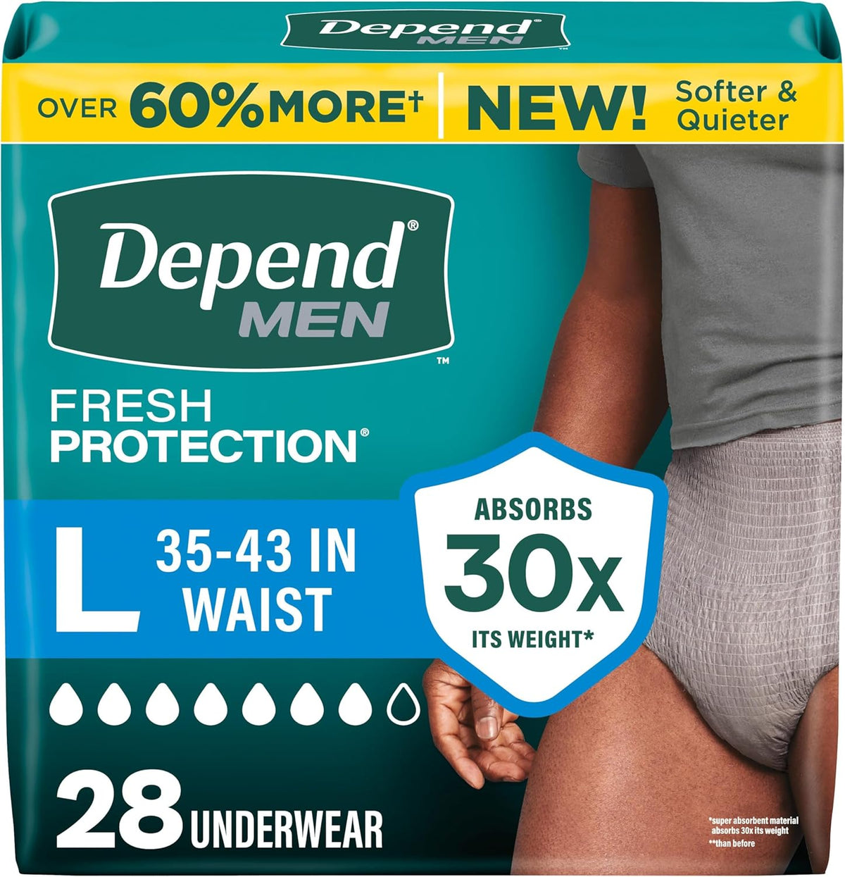 Pañales para adultos Depend Fresh Protection, ropa interior para incontinencia masculina, desechables, máxima protección, talla grande, color gris, paquete de 28 unidades. El empaque puede variar.