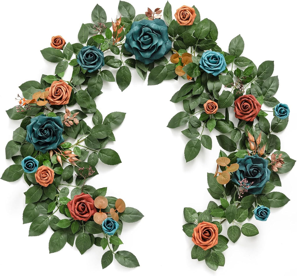 Guirnalda de Flores Artificiales Ling's Moment 1.5m – Azul Verdoso, Rosa Naranja Quemado y Eucalipto | Decoración Bodas, Fiestas, Arco y Centros de Mesa