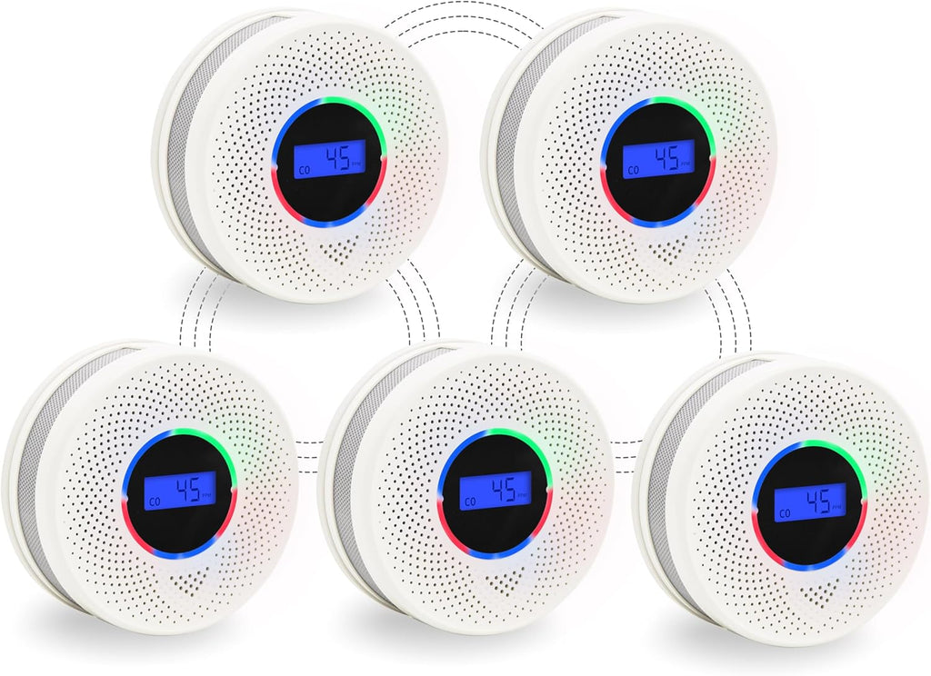 Pack 5 Detectores de Humo y Monóxido de Carbono Kesymo – Inalámbricos Interconectados, Alcance 250m, Baterías Incluidas