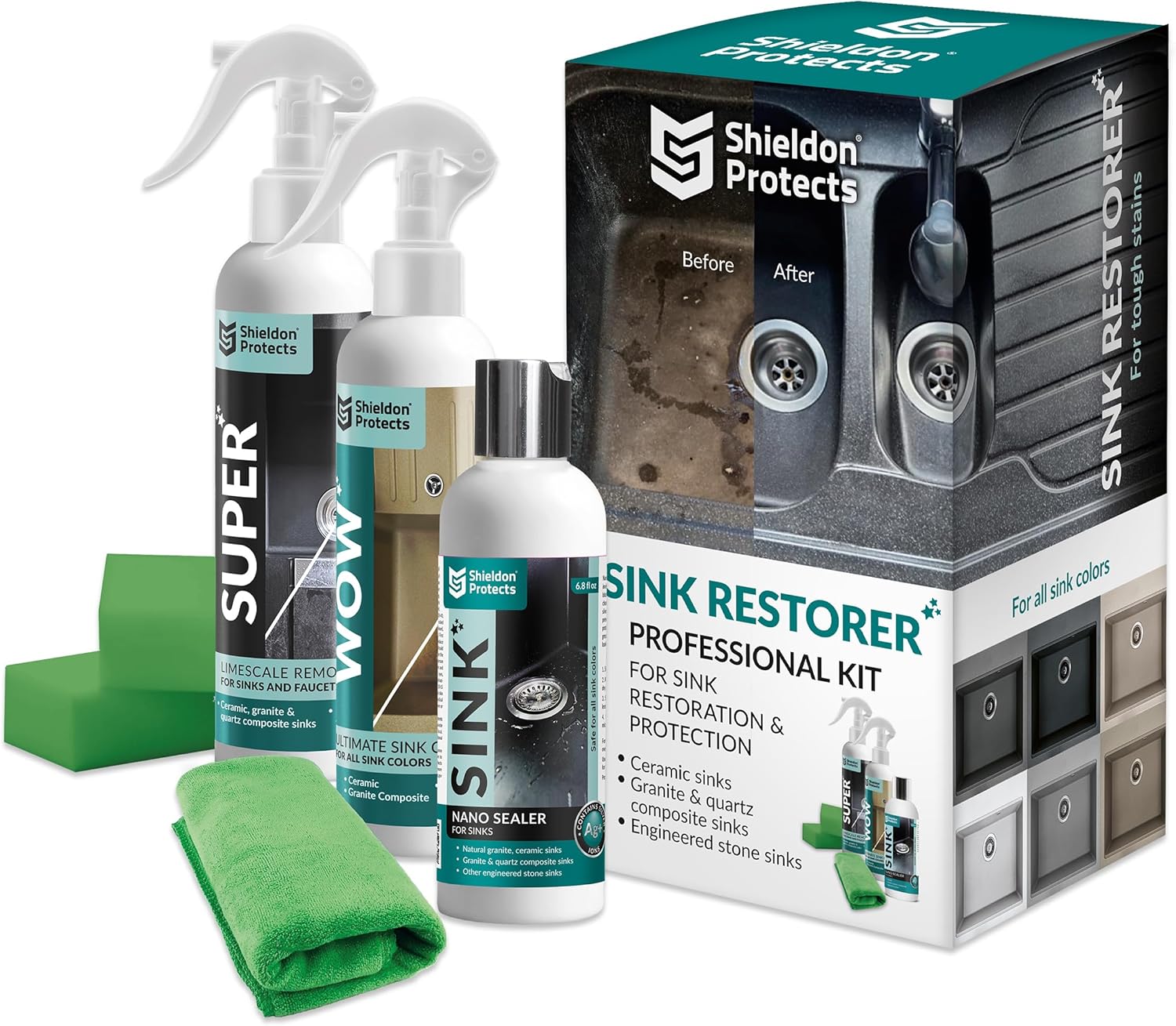Kit restaurador de fregaderos Shieldon Protects: sistema de 3 pasos: limpiador de fregaderos de cocina de alta resistencia, quitamanchas de agua dura y protector nanosellador para fregaderos de cocina de granito, compuesto, cuarzo, porcelana y cerámica. 