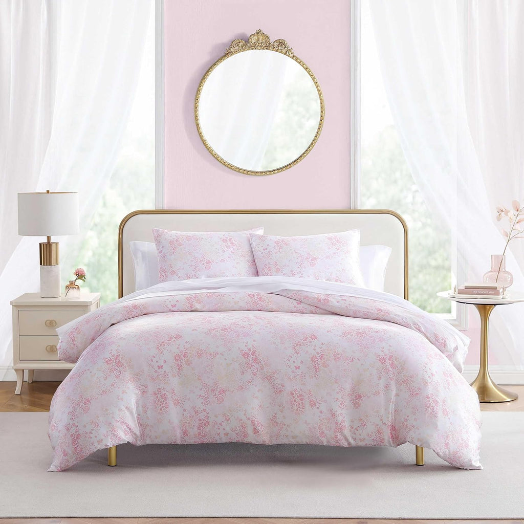 Betsey Johnson - Twin Duvet Cover Set, Silky Smooth Bedding with Shiny Satin Weave & Internal Corner Ties, 2 Piece Bed Set with Matching Pillowcase (Butterfly Garden Pink)