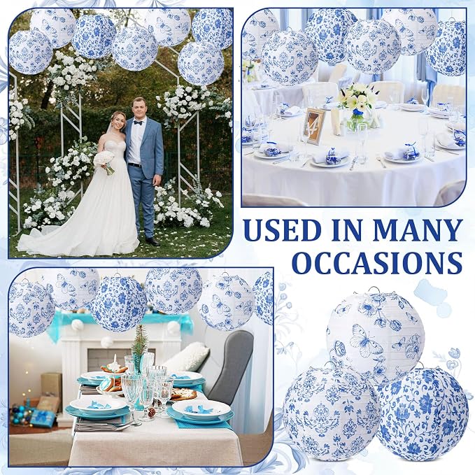12 linternas de papel chinoiserie para decoración de fiesta, faroles redondos de 10 pulgadas, decoración de papel colgante para decoración floral azul para interiores y exteriores