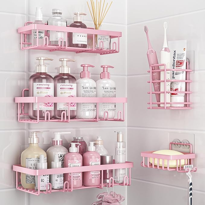 Organizador de Ducha Liuoud | Pack 5 | Acero Inoxidable Antioxidante | Adhesivo | Rosa | Baño y Ducha