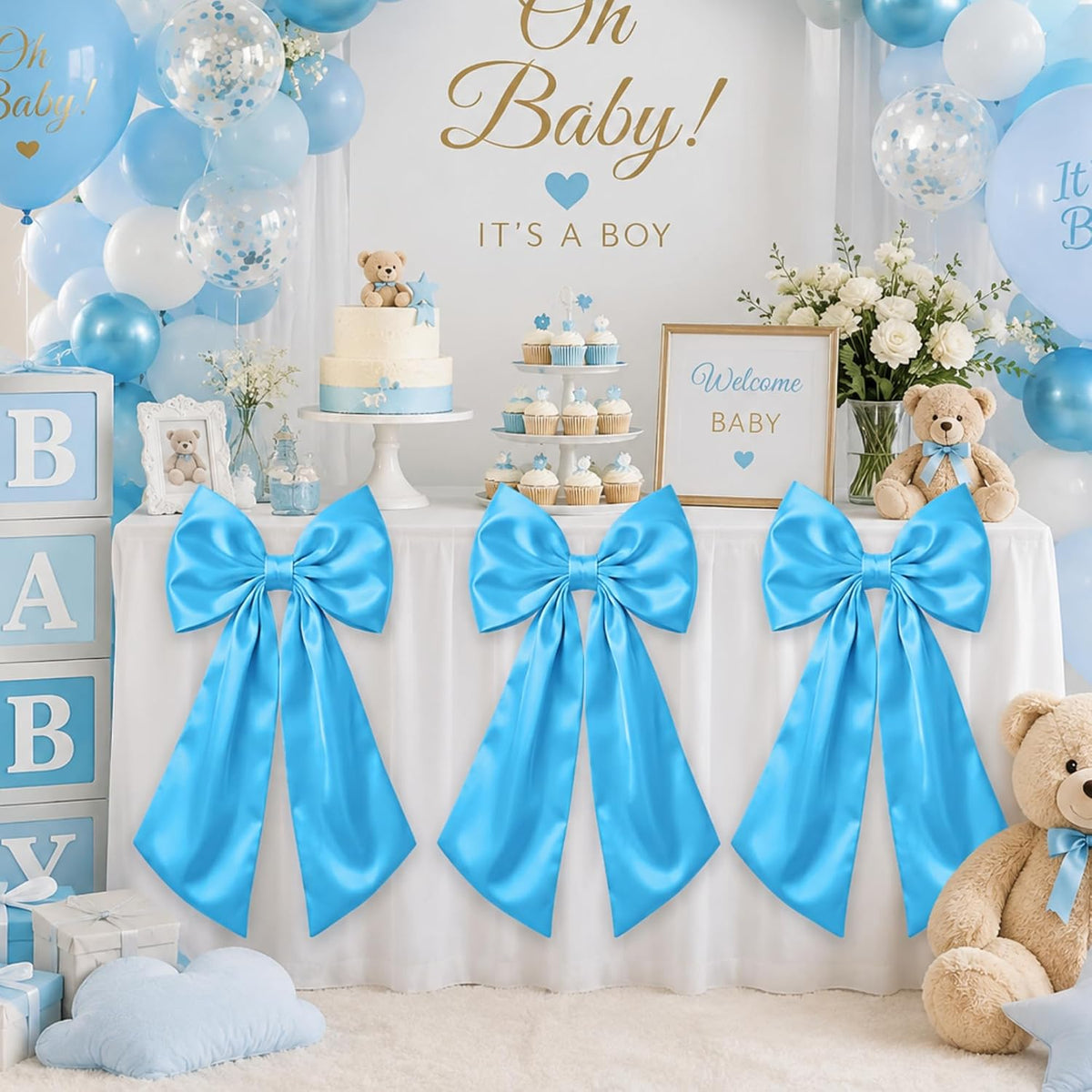 Lazos Grandes de Satén Suncalla Pack 3 – 60cm Azul Cielo, Para Colgar en Pared, Bodas, Fiestas, Cumpleaños y Navidad