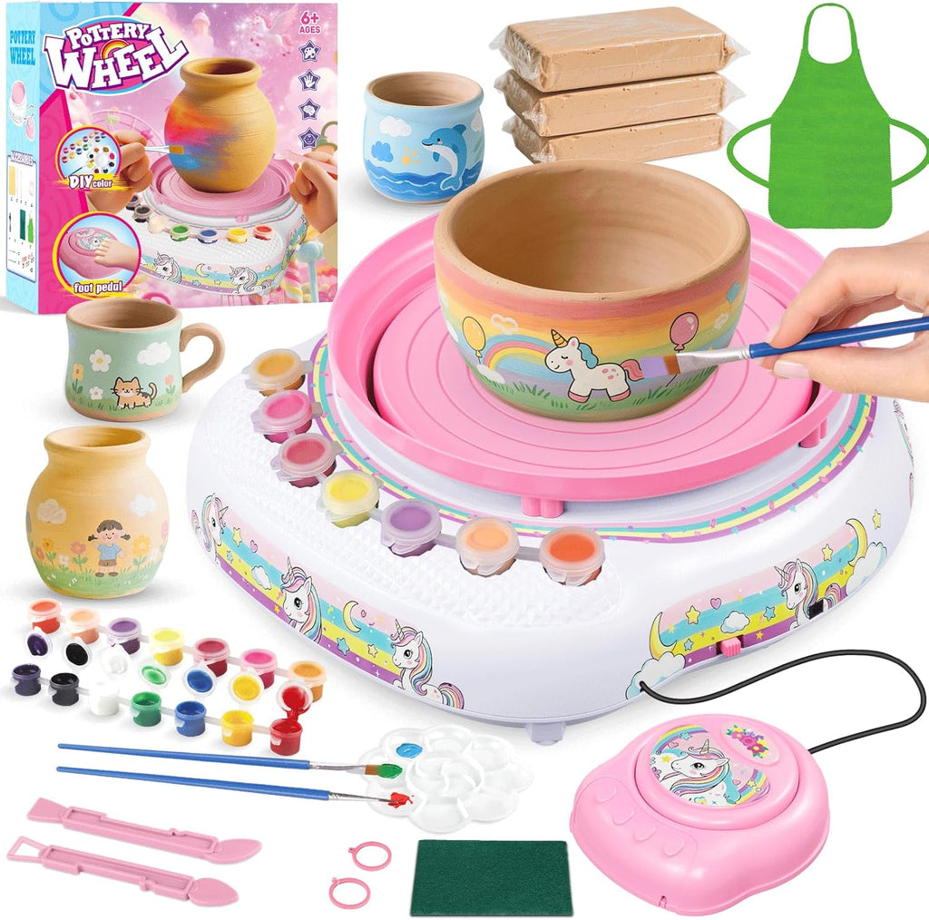 Este producto incluye únicamente el torno.Torno de alfarería para niños, kit de juguetes de pintura y arte de cerámica para niños de 8 a 12 años, suministros de arte de unicornio con 3 paquetes de arcilla de secado al aire y herramientas