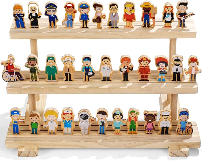Kathfly 36 Piezas de Madera Juego de Ayudantes Comunitarios Juguete de Madera para Preescolar Pequeñas Figuras Profesionales de Madera Conjunto de Personajes Multicultural Carreras Figuras de Madera