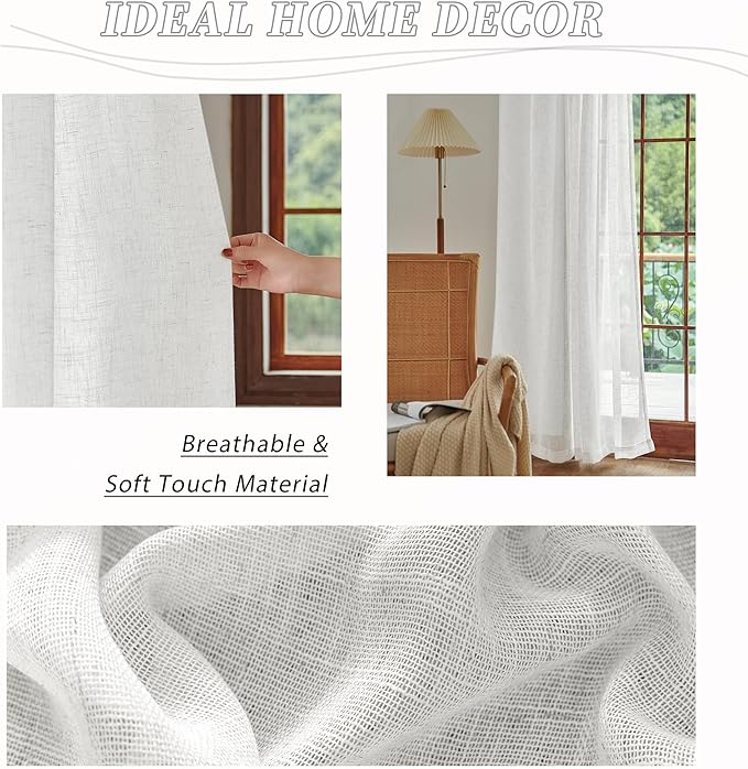 Cortinas traslúcidas de lino blanco de 72 pulgadas de ancho para ventanas grandes, juego de 2 paneles con pestaña trasera, bolsillo para barra, filtro de luz, cortinas semitransparentes largas