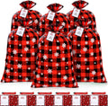 TaoBary 6 Pack Giant Christmas Gift Bags 55'' x 35'' Extra Large Christmas Wrapping Jumbo Buffalo Plaid Snowflakes Bags with Cards for Huge Gift(Red Black)