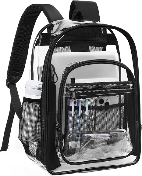 Mochila transparente con múltiples bolsillos, bolsa transparente de TPU resistente con correas reforzadas, bolsa grande transparente para universidad, trabajo, color negro