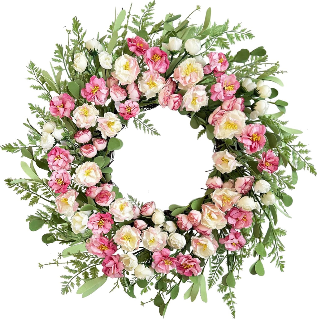 Corona Decorativa de Peonías Blancas y Rosadas 22 Pulgadas | Hecha a Mano, Estilo Farmhouse, para Puerta, Porche y Bodas