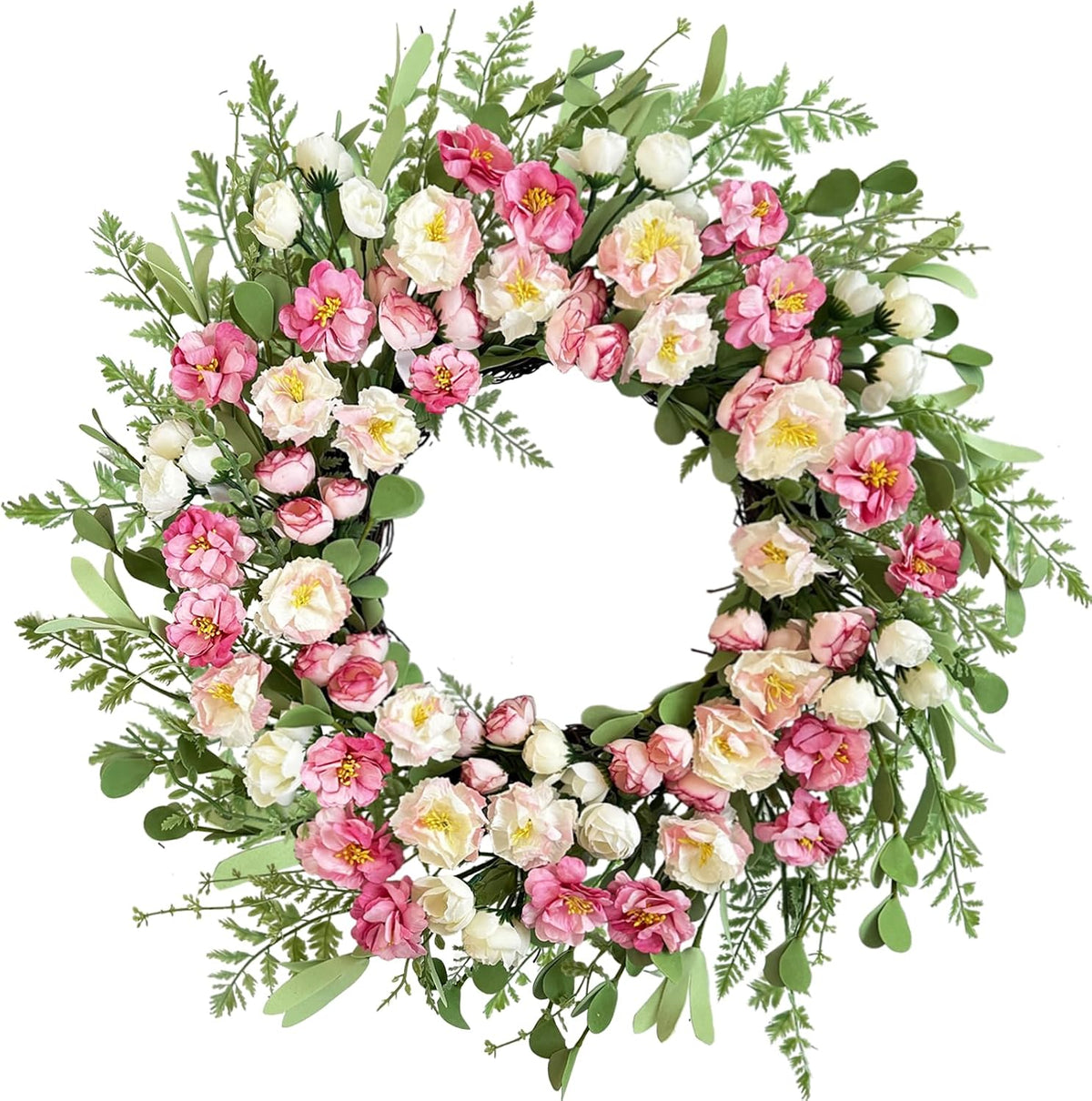 Corona Decorativa de Peonías Blancas y Rosadas 22 Pulgadas | Hecha a Mano, Estilo Farmhouse, para Puerta, Porche y Bodas