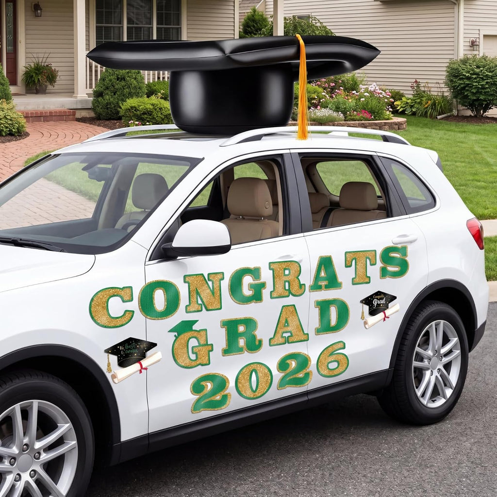 Decoración de Automóvil Xuhal 2026 Graduación 58,4 cm Gorro de Graduación Inflable Grande Decoración de Automóvil Felicidades Graduado Letra Gorro Inflable PVC 2026 para Secundaria Colegio Graduación Desfile Fiesta Decoración (Verde, Oro)