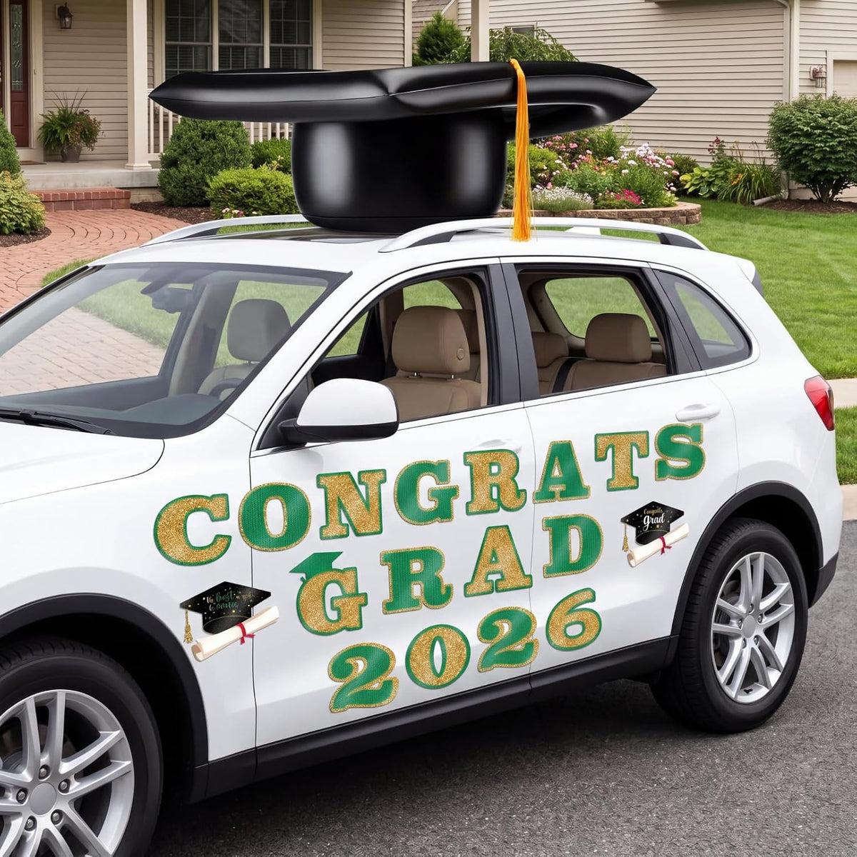Decoración de Automóvil Xuhal 2026 Graduación 58,4 cm Gorro de Graduación Inflable Grande Decoración de Automóvil Felicidades Graduado Letra Gorro Inflable PVC 2026 para Secundaria Colegio Graduación Desfile Fiesta Decoración (Verde, Oro)