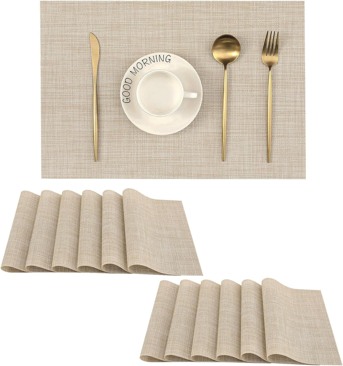 Juego de 12 manteles individuales Leetaltree color beige: manteles individuales antideslizantes y resistentes al calor para mesa de comedor, lavables y duraderos, de vinilo PVC tejido (beige, 12 unidades).