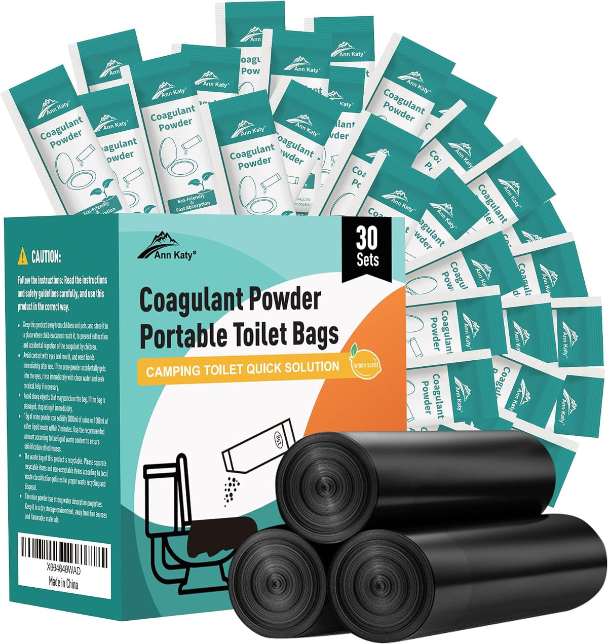 Paquete de 30 unidades de polímero superabsorbente Ann Katy, gel químico portátil y de rápida absorción para inodoro de camping con cubo de 5 galones, bolsa con cordón para inodoro, bolsa de emergencia para inodoro y gel para inodoro.