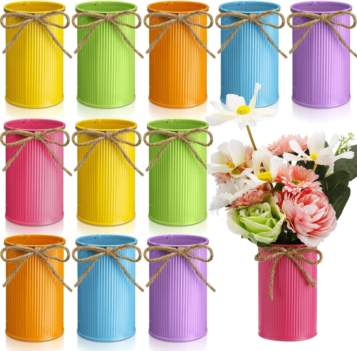 Jarrón rústico para centros de mesa de 11 cm (4,33 pulgadas), jarrón pequeño para flores con lazo de cordel, decoración vintage de granja para bodas, recepciones y comedores, cubos de metal galvanizado para el hogar (multicolor, 12 piezas).