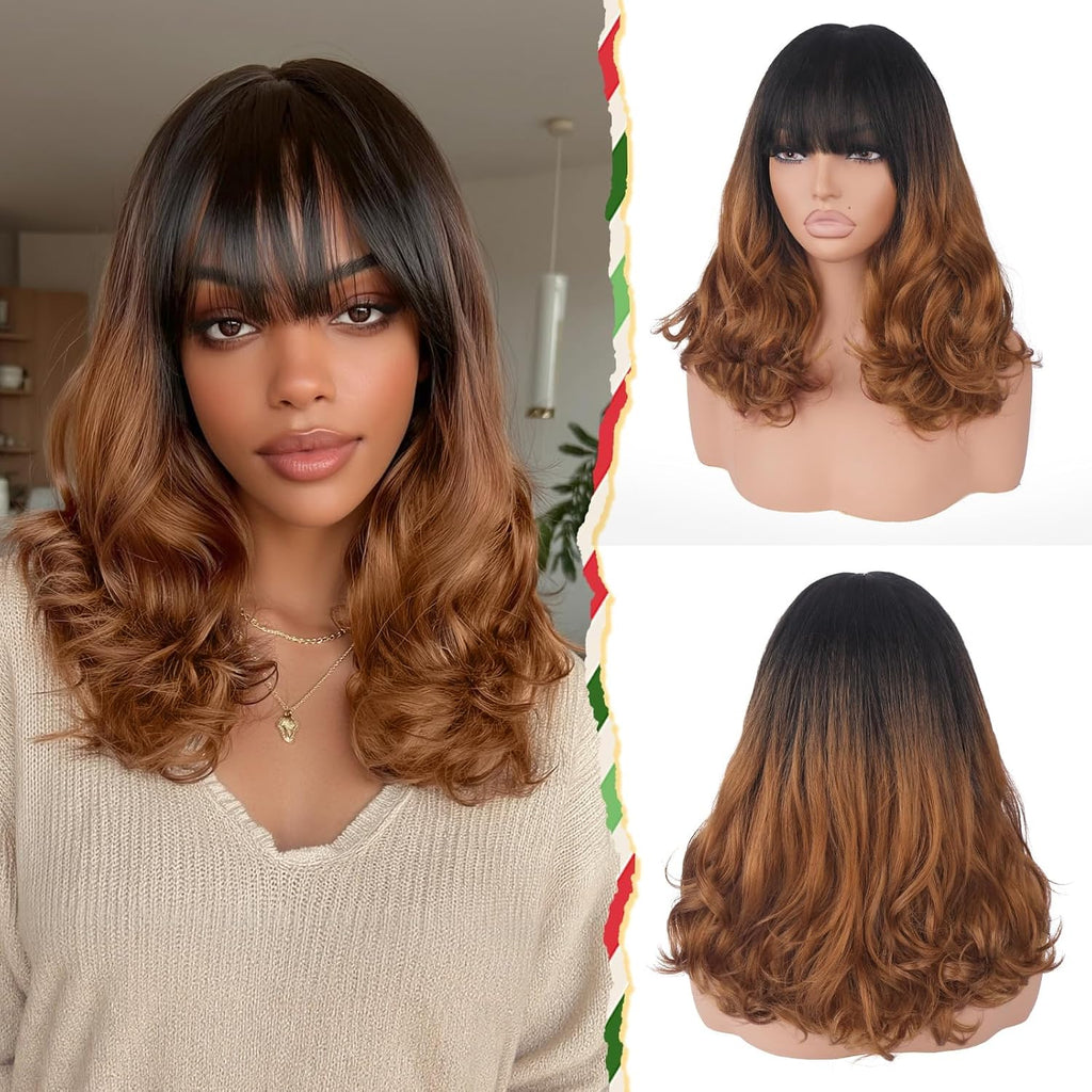 Peluca Sidaila con flequillo para mujer | Peluca sintética de 40 cm con capas y ondas corporales | Peluca de fibra Yaki resistente al calor, de aspecto natural, hasta los hombros | Peluca sintética para uso diario - De negro degradado a marrón cobrizo