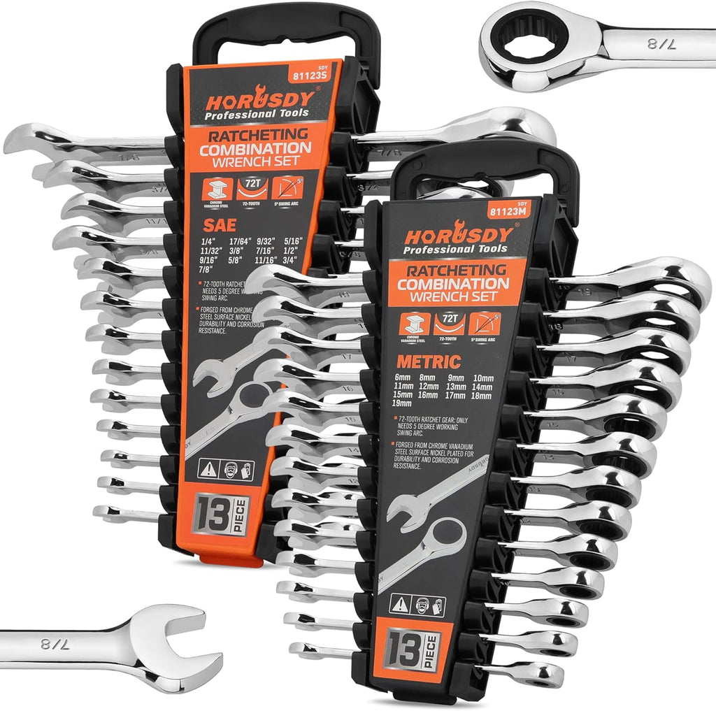 Set de Llaves de Carraca HORUSDY 26 Piezas | Métricas y SAE | Llaves Combinadas con Organizador | 72 Dientes | Acero Cromo Vanadio | 6-19mm y 1/4"-3/4"