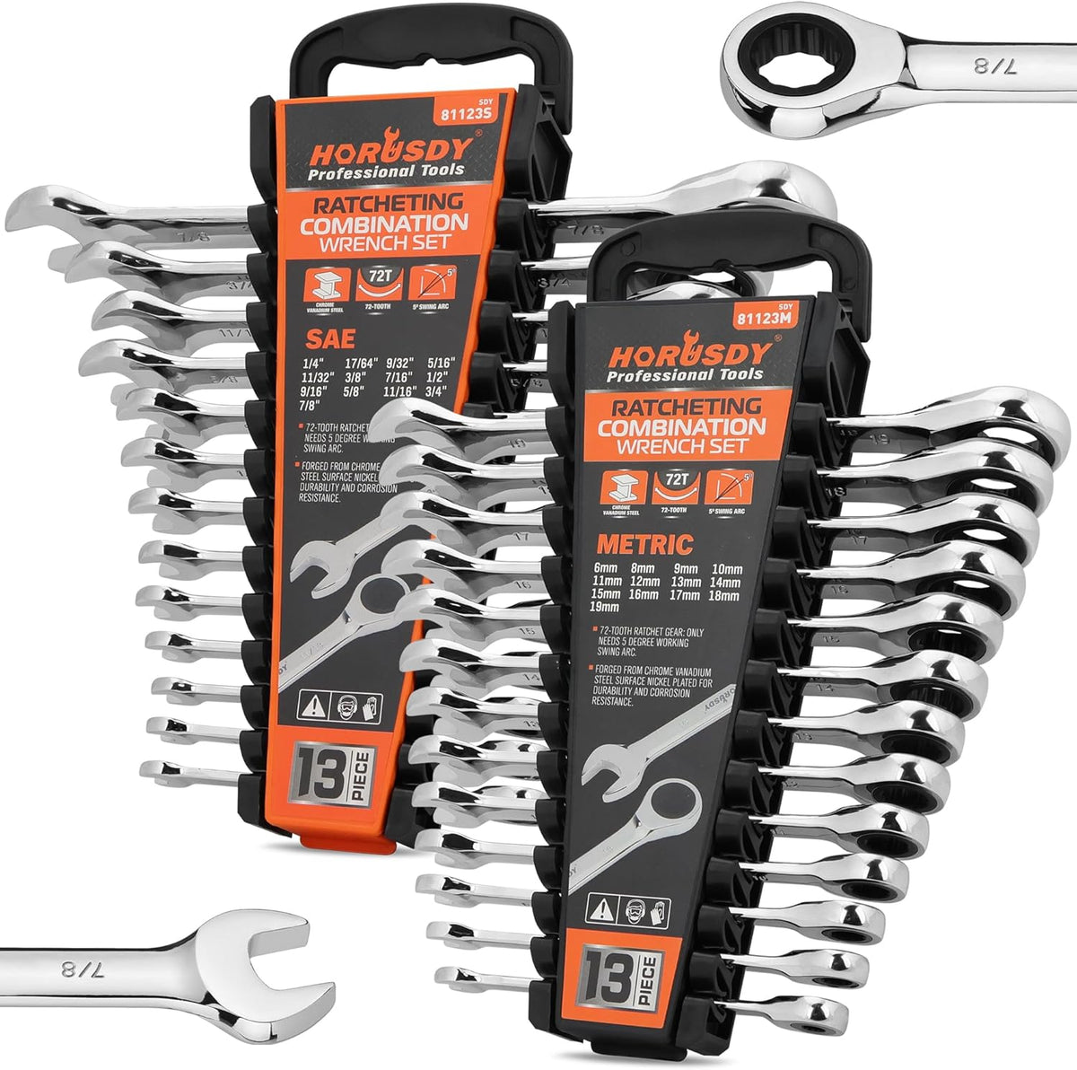 Set de Llaves de Carraca HORUSDY 26 Piezas | Métricas y SAE | Llaves Combinadas con Organizador | 72 Dientes | Acero Cromo Vanadio | 6-19mm y 1/4"-3/4"
