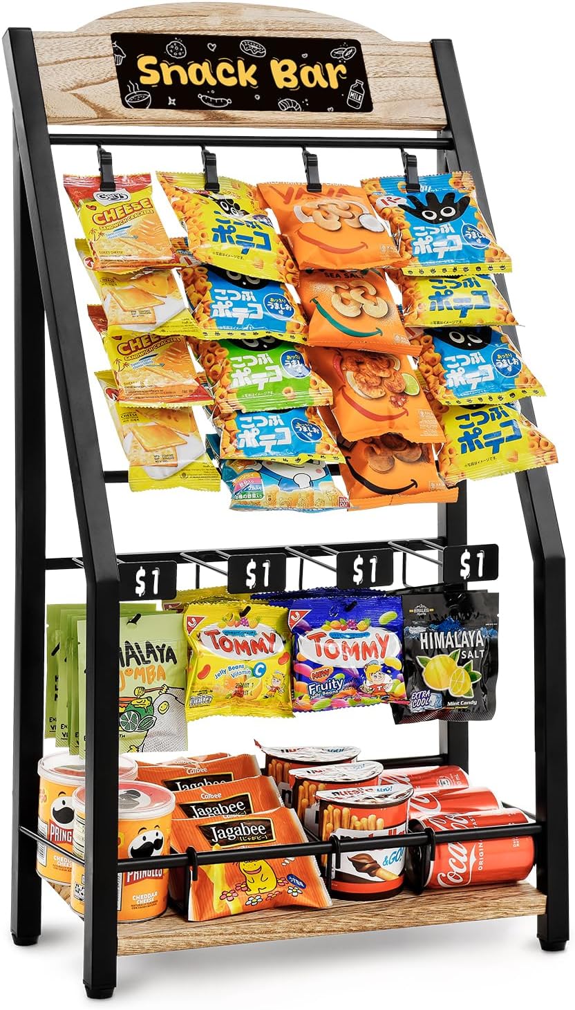 Expositor de patatas fritas Pinzoveco, 4 niveles, 20 clips, organizador de aperitivos, 4 tiras para colgar, ganchos, organizador de mostrador para dulces y aperitivos, soporte para aperitivos, estante de exhibición portátil para tiendas, cocinas y