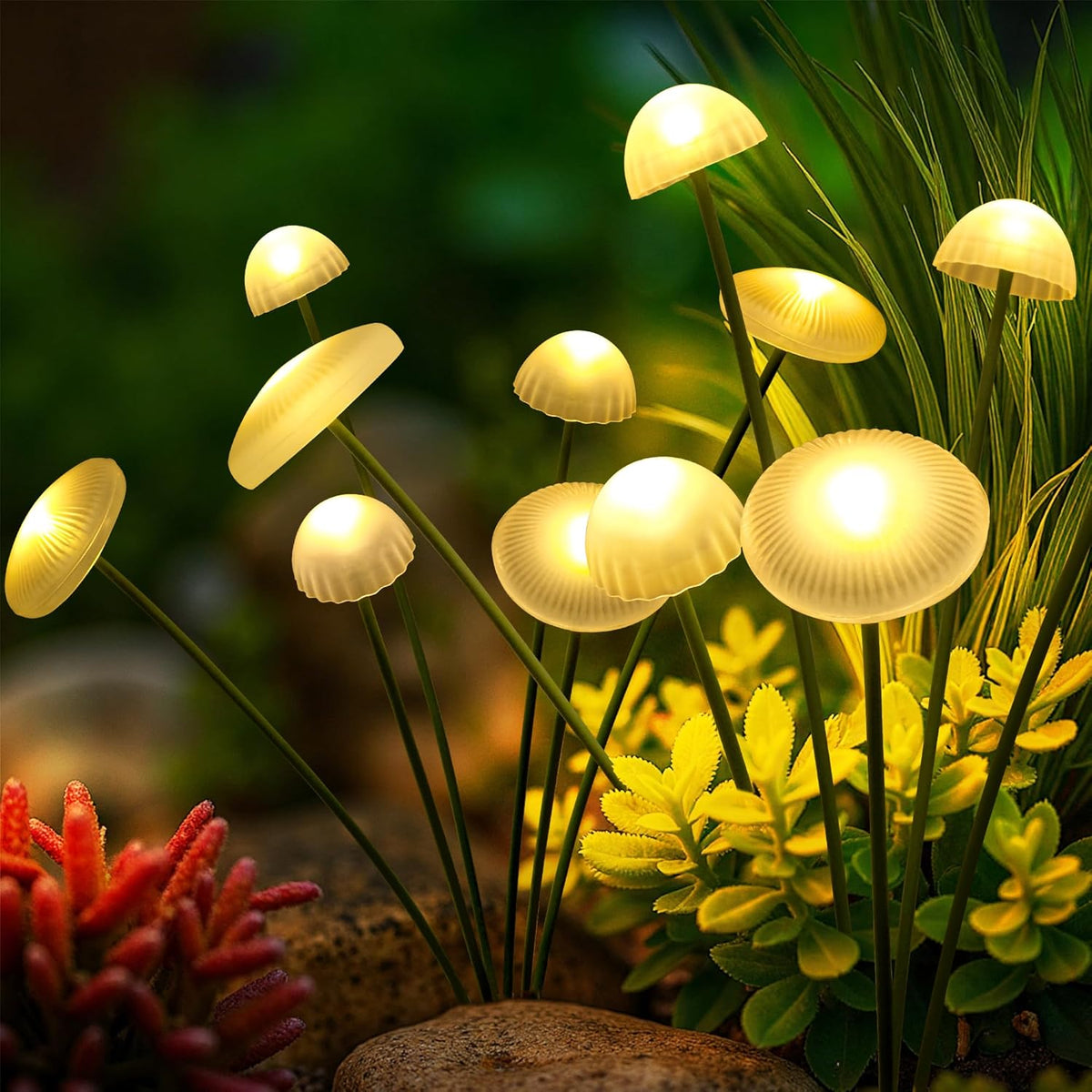 MULTICOLOR SUNCKET Luces Solares de Jardin 2 Piezas | Luces de Hadas Solares con Hongos Oscilantes | Decoracion Impermeable para Patio, Jardin y Sendero | Blanco Calido