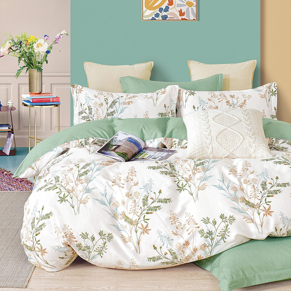 Edredón ALEISSEL Botánico de Algodón Natural Queen | Verde con Lujosas Hojas Tan y Gris sobre Blanco | Reversible, Ligero y Floral | Full/Queen