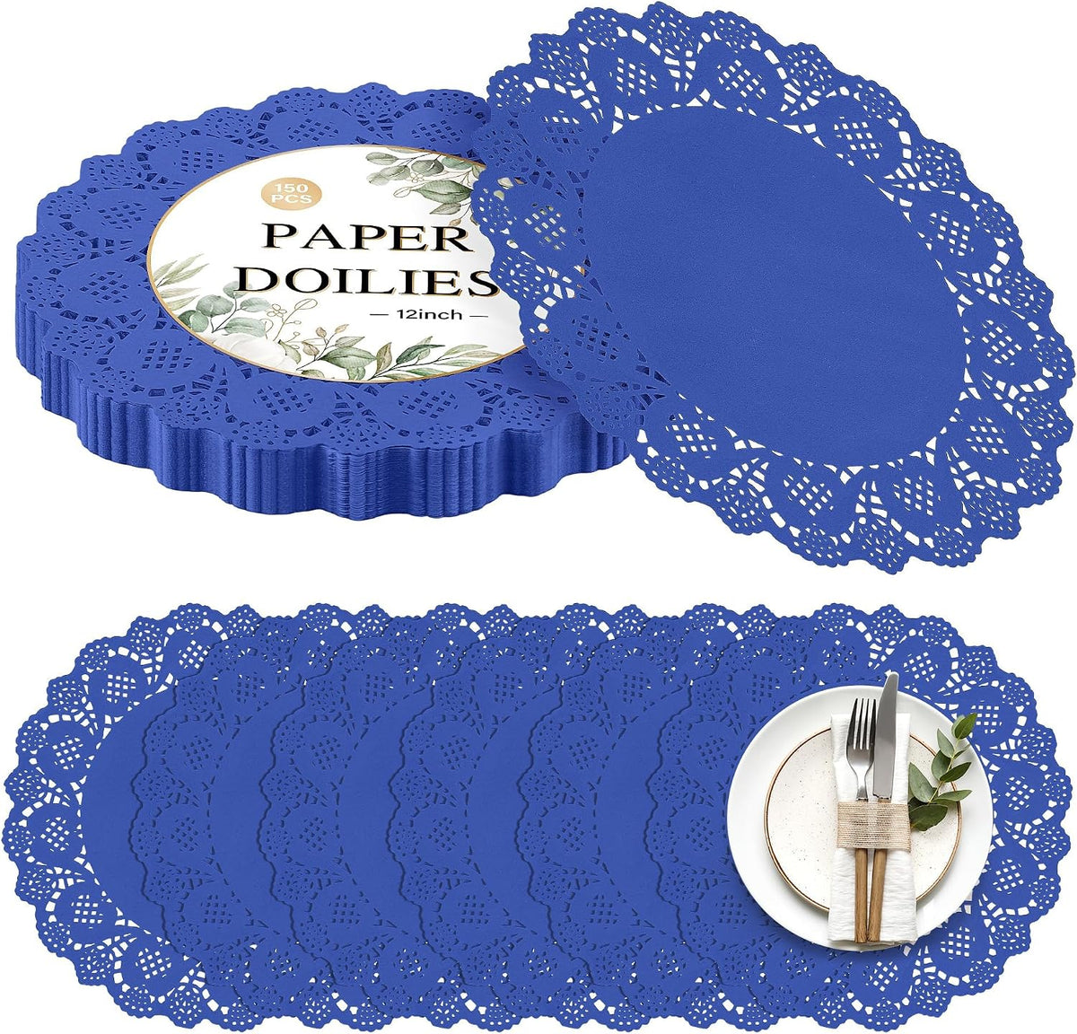 Kochorie 150 Piezas Blondas de Papel Encaje 30 cm Azul | Tapetes Decorativos Redondos Desechables para Pasteles, Fiestas y Bodas