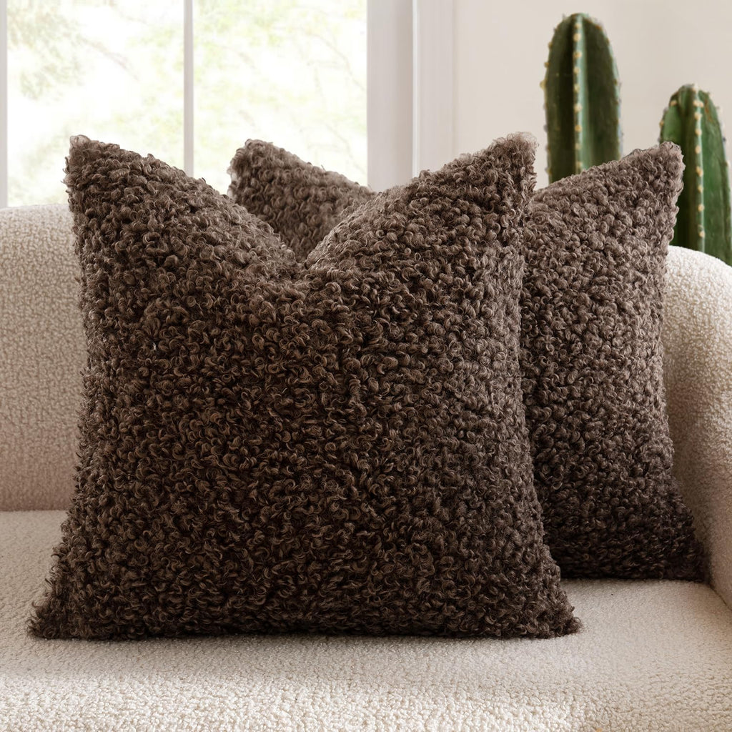MIULEE Pack of 2 Throw Pillow Covers 22x22 Inch Neutral Chocolate Faux Fur Decorative Sherpa Pillow Covers Fuzzy Accent Soft Sheepskin Fleece Cushion Cases for Boho Home Decor Couch Living Room Bed