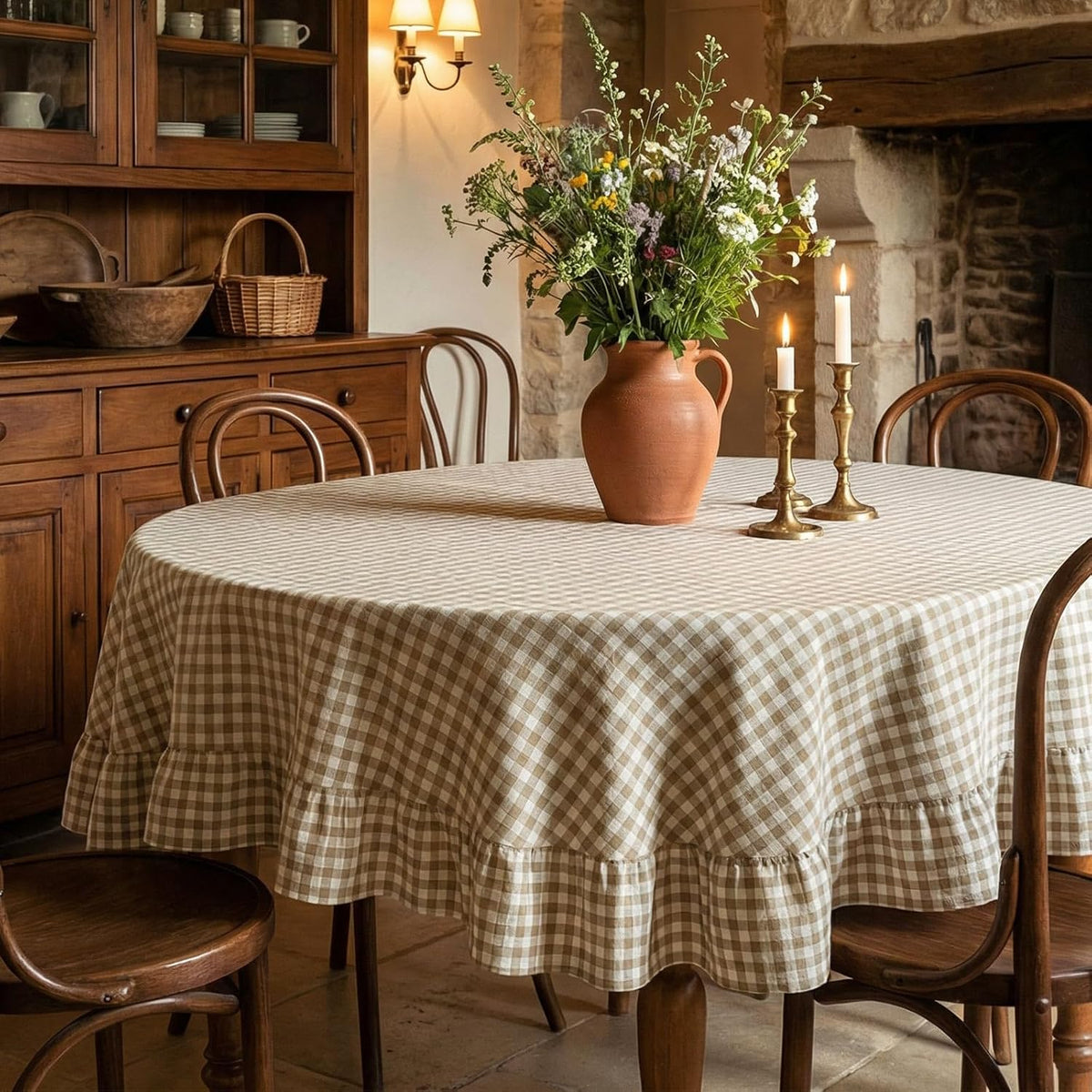 Mantel Redondo Gingham Café Claro con Volantes 70x70" – Algodón-Lino Lavable, Estilo Vintage Farmhouse para Mesa y Picnic