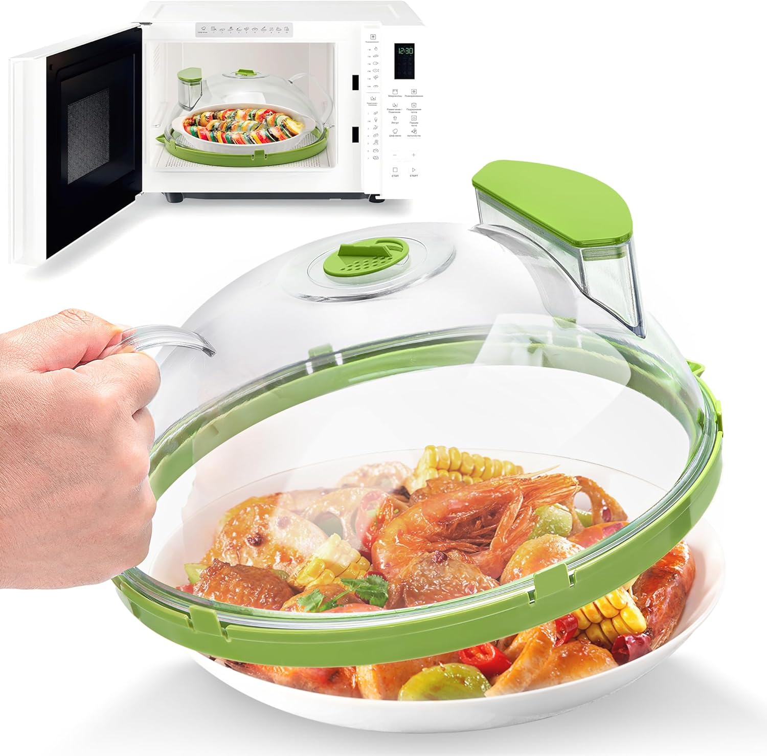 Tapa Antisalpicaduras para Microondas con Vaporizador de Agua – 25 cm, Transparente, Verde