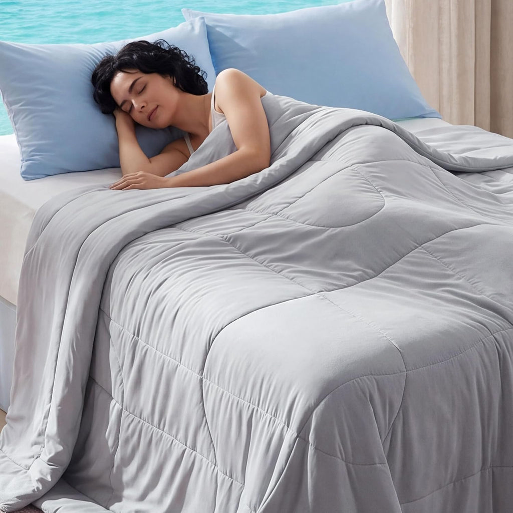 Edredón Refrescante Bedsure Queen 88x88" | Tecnología Cool Tech Doble Cara | Ligero Verano | Transpirable | Para Personas con Calor al Dormir | Color Gris | 1 Unidad