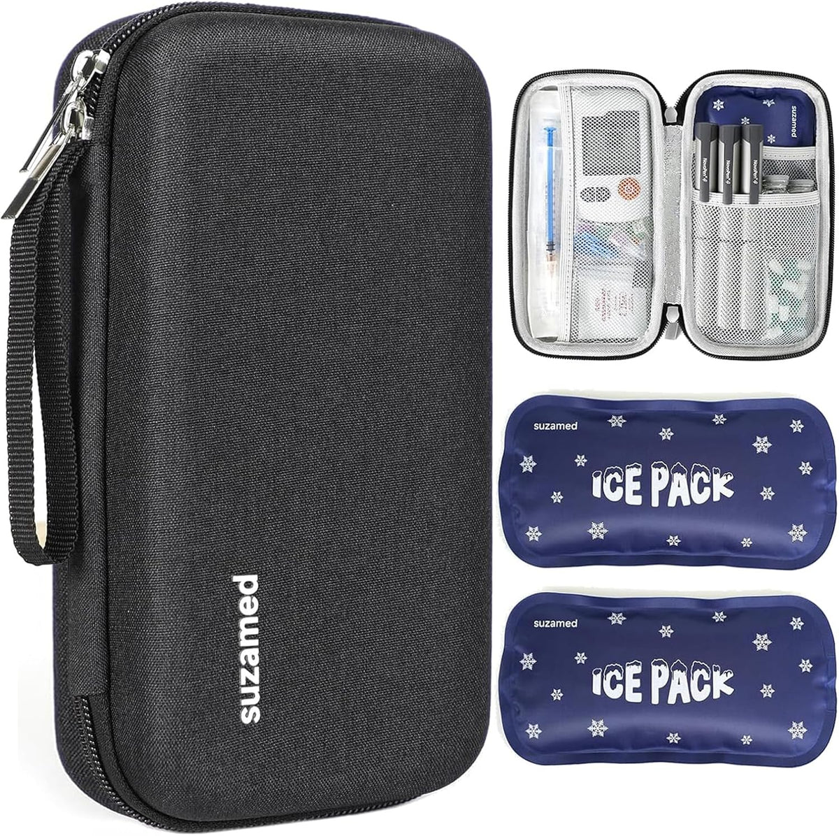 Estuche de viaje refrigerado para insulina Suzamed, kit de medicina de viaje con aislamiento EVA y 2 bolsas de hielo para el cuidado de la diabetes, pluma de insulina y otros suministros para diabéticos (negro)