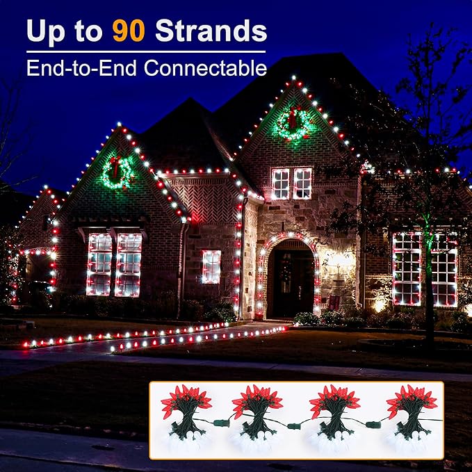 Brizled Luces de Navidad rojas y blancas, 33 pies, 50 luces LED facetadas C9 para exteriores, luz de árbol de Navidad enlazable, luz de Navidad para interiores, con certificación UL, impermeable, para techo de casa, Navidad, día de San Valentín, fiesta