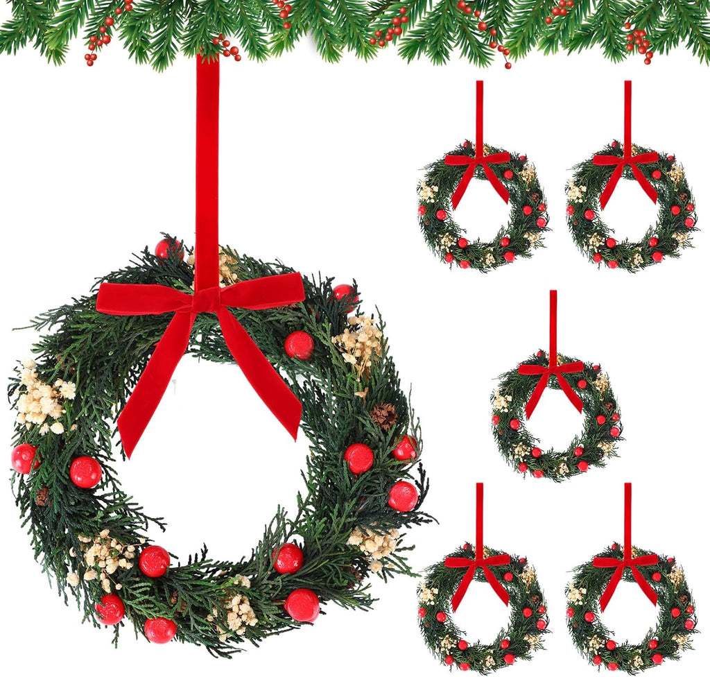 Suncalla 6 Pcs 7.87" Christmas Cabinet Wreaths Real Preserved Pines with Baby Breath Red Ribbon Berry Mini Christmas Wreaths for Xmas Cabinet Chair Door Window Kitchen Fireplace Table Centerpiece
