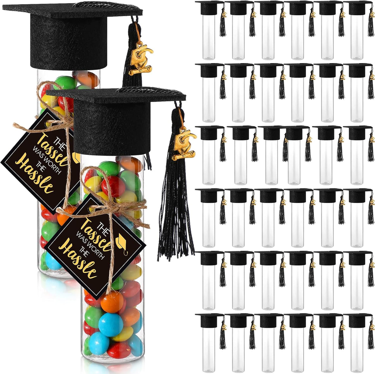 30 Tubos Dulces Graduación 2026 Willinglong 100 ml - Frascos Plástico Transparente Gumball Cap Borla Tarjetas DIY Favores Fiesta (Negro)