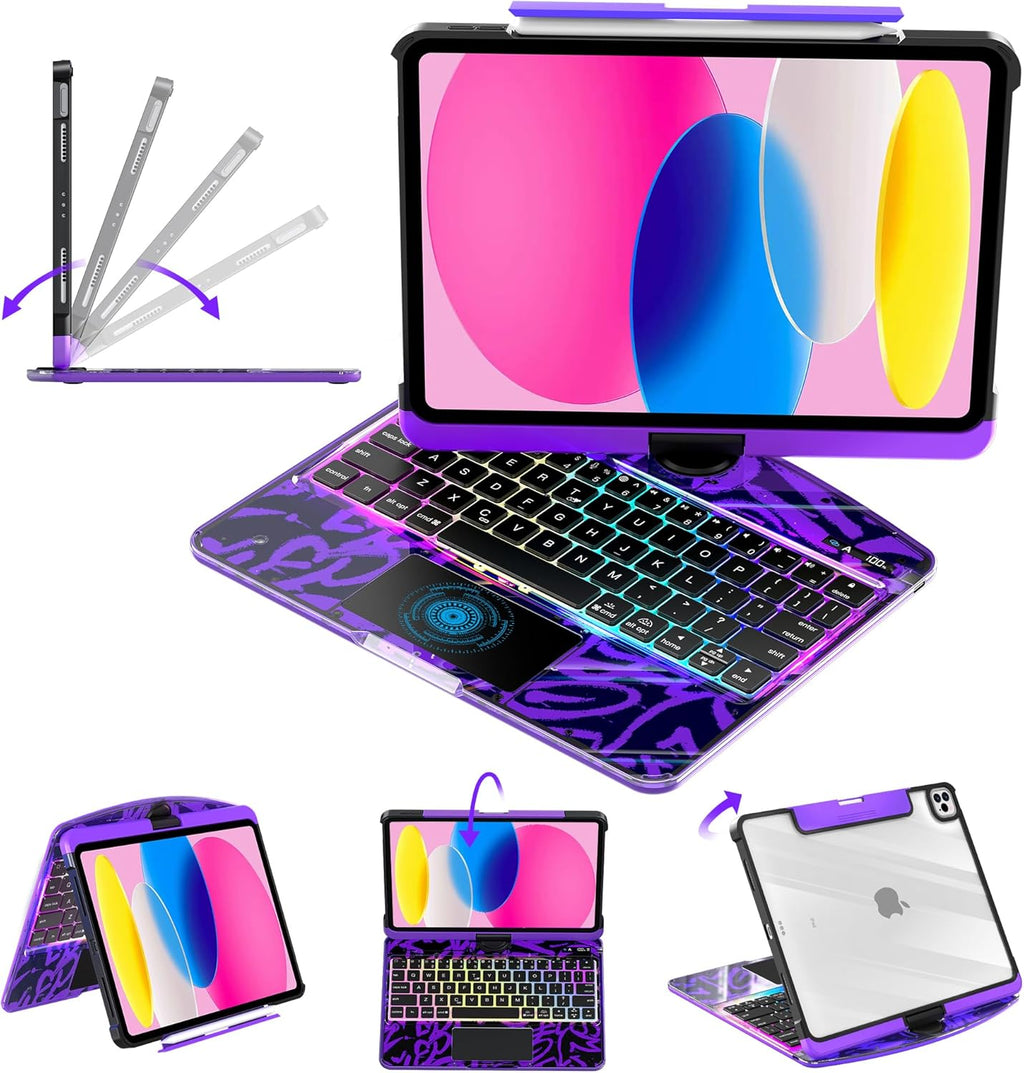 Clear Keyboard Case for iPad 11th Gen 11 Inch.(A16, 2025) & 2022 iPad 10th Gen 10.9 Inch 7-Color Backlight, Trackpad Wireless Bluetooth Keyboard with 360 Rotating Stand Pencil Holder Purple