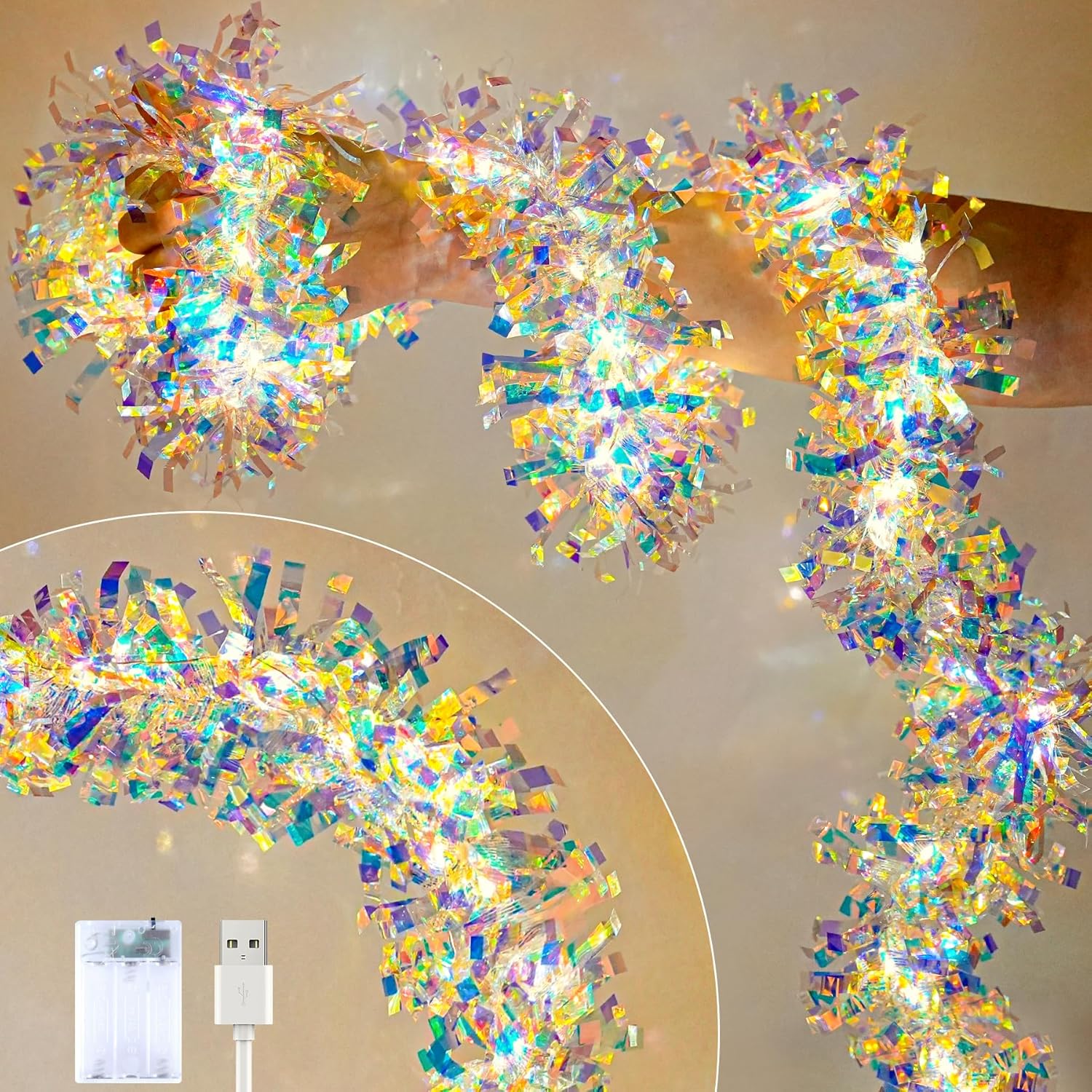 Guirnalda navideña con luces, paquete de 2 guirnaldas de oropel iridiscente de 16.4 pies, funciona con pilas y USB, guirnalda de papel de aluminio brillante para colgar en interiores, decoración del hogar, guirnalda para cumpleaños, fiestas de Nochevieja. 