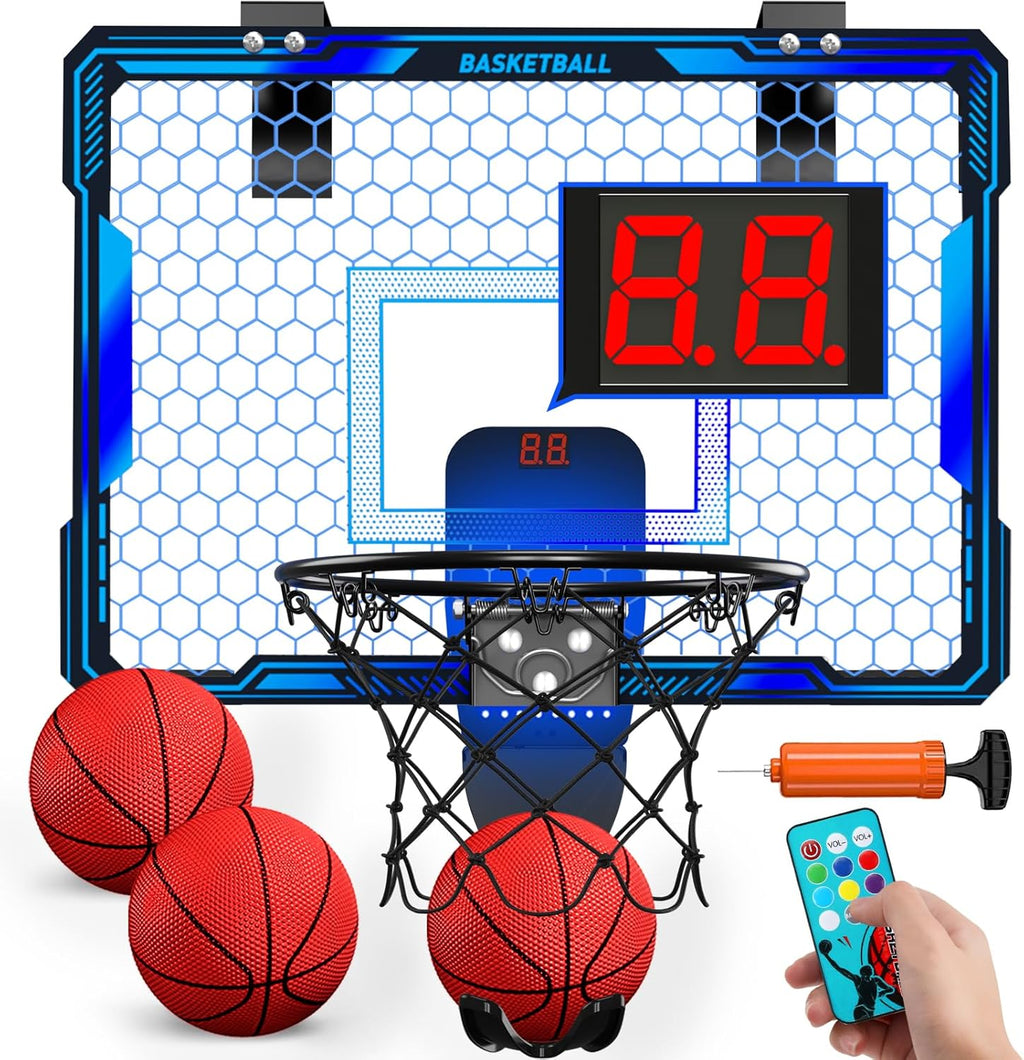 HYES Remote Control Basketball Hoop Indoor with 7 LED Lighting, Mini Basketball Hoop with Electronic Scoreboard, 3 Modes, Over Door Basketball Hoop, Basketball Toys Sport Gifts for Kids, Adults (Blue)